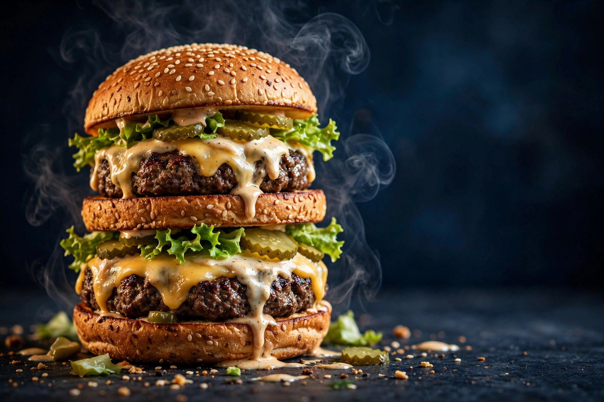 Big Mac style double-decker burger with sesame seed bun, two beef patties, melted cheese, lettuce and pickles