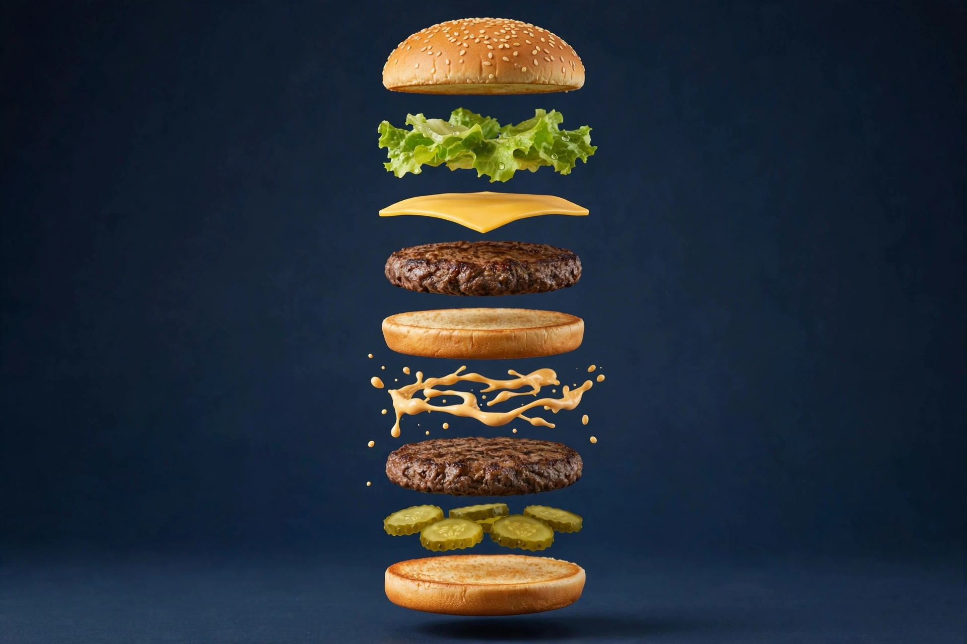 Exploded view of Big Mac layers: sesame bun, lettuce, cheese, beef patties, middle bun, sauce, pickles